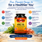 A bottle of Betsy's Basics Krill Oil dietary supplement centered on a promotional graphic with text and icons about heart health, brain function, skin, and phospholipid-bound omega-3 benefits. The bottle is orange and black with a white cap, set against a light blue background with a sandy, grassy scene at the bottom.