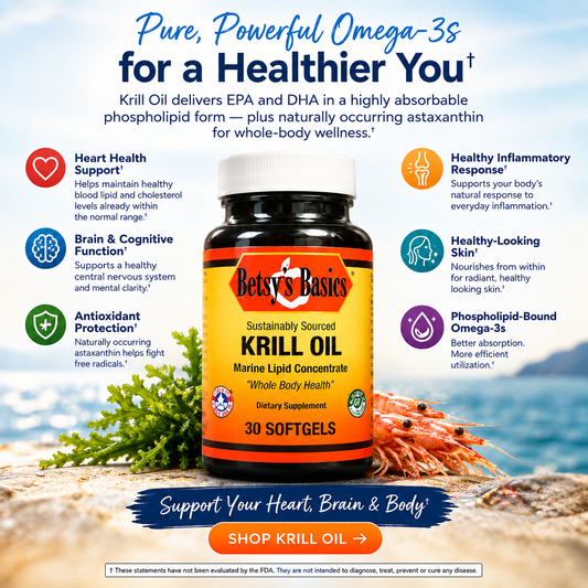 A bottle of Betsy's Basics Krill Oil dietary supplement centered on a promotional graphic with text and icons about heart health, brain function, skin, and phospholipid-bound omega-3 benefits. The bottle is orange and black with a white cap, set against a light blue background with a sandy, grassy scene at the bottom.