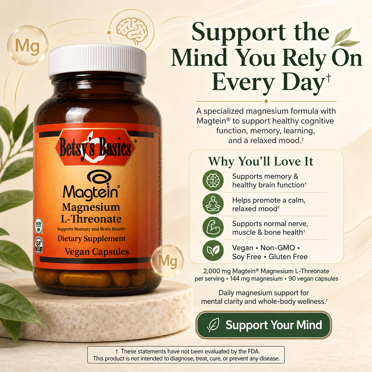 A bottle of Betsy's Basics Magtein Magnesium L-Threonate dietary supplement capsules on a light beige background with informational text and graphics about cognitive function and brain health.