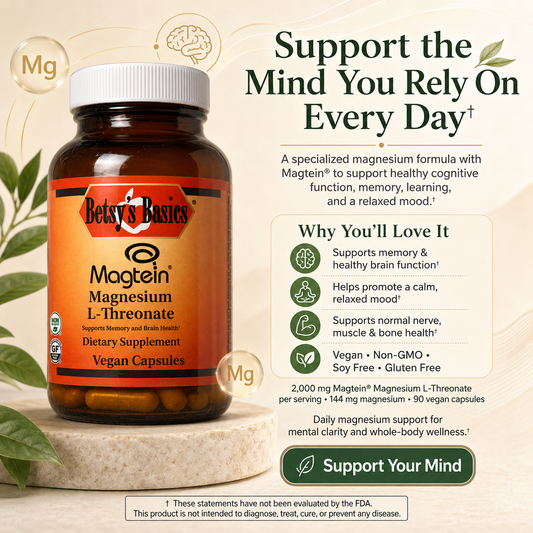 A bottle of Betsy's Basics Magtein Magnesium L-Threonate dietary supplement capsules on a light beige background with informational text and graphics about cognitive function and brain health.
