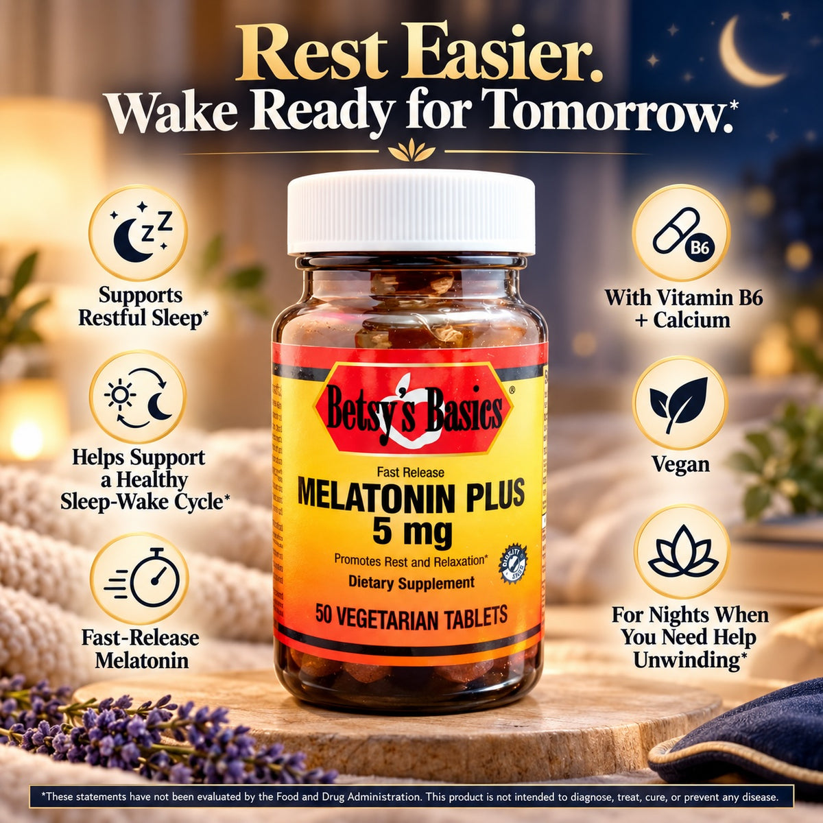 Betsys Basics Melatonin Plus 5 mg amber glass supplement bottle on a background with lavender blankets and the night sky out the window with callouts like vegan and helps support a healthy sleep-wake cycle