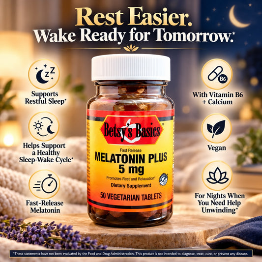 Betsys Basics Melatonin Plus 5 mg amber glass supplement bottle on a background with lavender blankets and the night sky out the window with callouts like vegan and helps support a healthy sleep-wake cycle