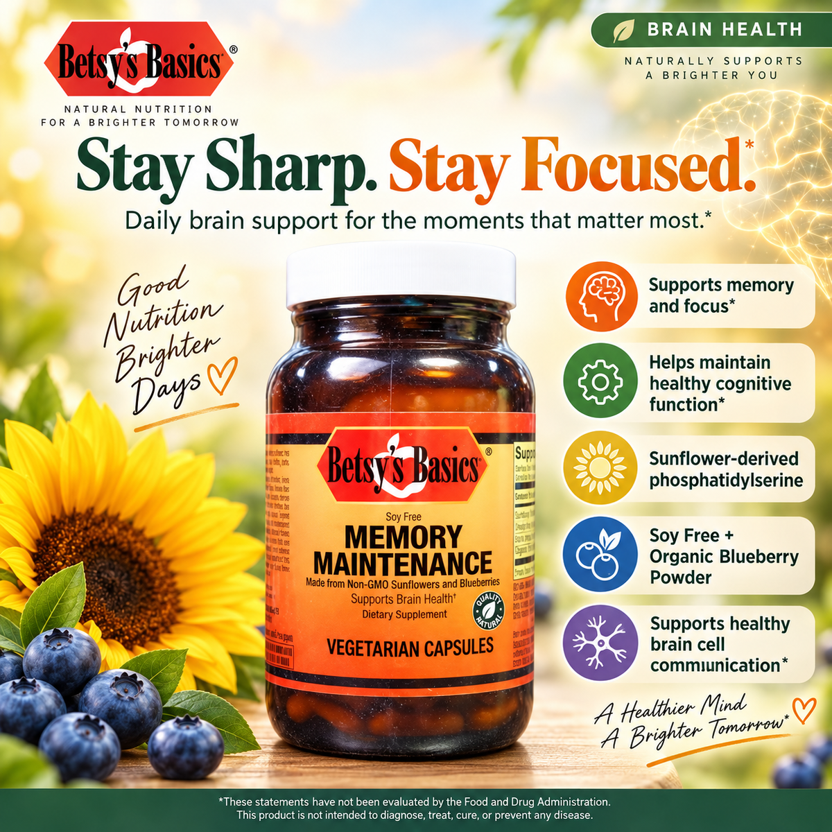 Memory Maintenance Supplement Bottle with key benefits
