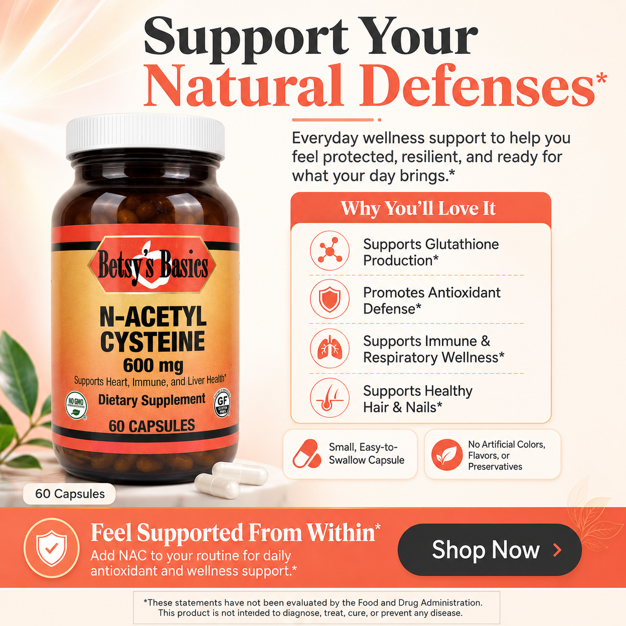 A bottle of Betty's Basics N-Acetyl Cysteine dietary supplement shown on a warm beige promotional background with text callouts about wellness support and a 'Shop Now' button.