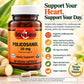 Betsy's Basics Policosanol 20 mg dietary supplement bottle with orange label and white cap, shown alongside promotional text, heart icons, and sugar cane imagery on a green background.