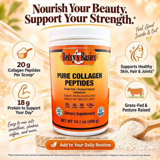 Supplement bottle of Pure Collagen Peptides on a background of hair and powder with a scoop, with key selling points like supports healthy skin, hair and joints*