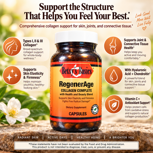 A supplement bottle of Regenerage by Betsy's Basics with a pale background and key selling points