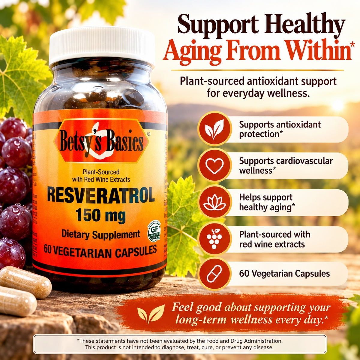 Betsys Basics Resveratrol 150 mg bottle with a backdrop of grapes and a vineyard in the distance with callouts like support healthy aging from within.