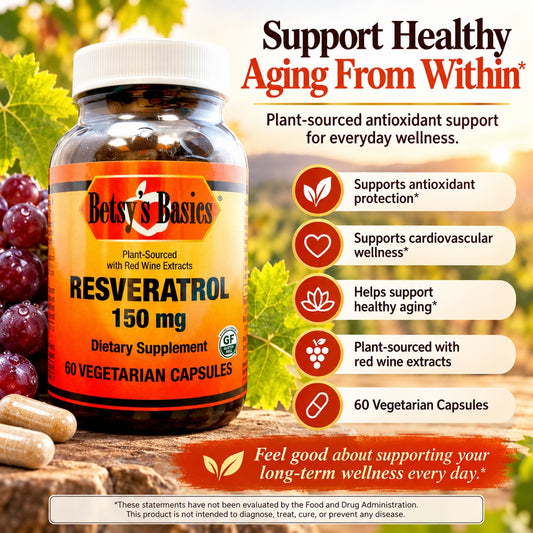 Betsys Basics Resveratrol 150 mg bottle with a backdrop of grapes and a vineyard in the distance with callouts like support healthy aging from within.