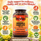 Betsy's Basics Rhodiola Complete 500 mg dietary supplement bottle shown on a decorative promotional background with benefit callouts around it.