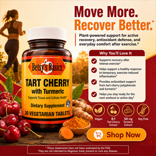 Bottle of Betsys Basics Tart Cherry with Turmeric with a background showing cherries and turmeric and with key selling points