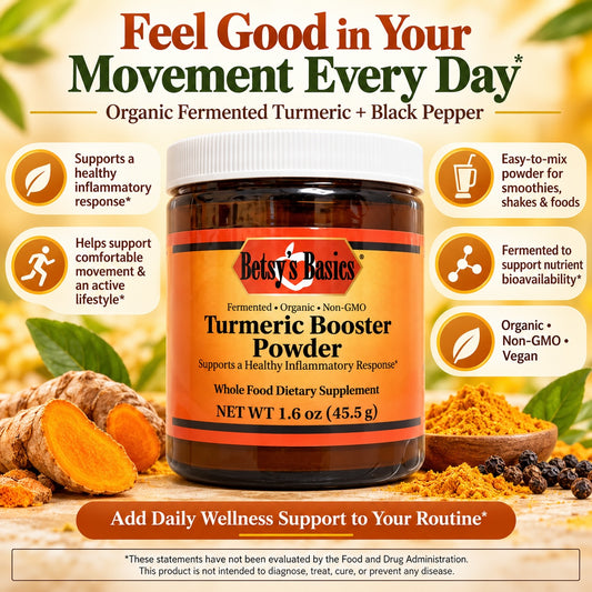Betsy's Basics Turmeric Booster Powder on a pale background with whole and powdered turmeric and callouts like fermented to support nutrient bioavailability