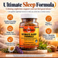 Betsy's Basics Ultimate Sleep Formula dietary supplement bottle shown on a warm, softly blurred background with decorative flowers and text callouts about sleep support, vegan and soy-free, melatonin-free, and botanical benefits.