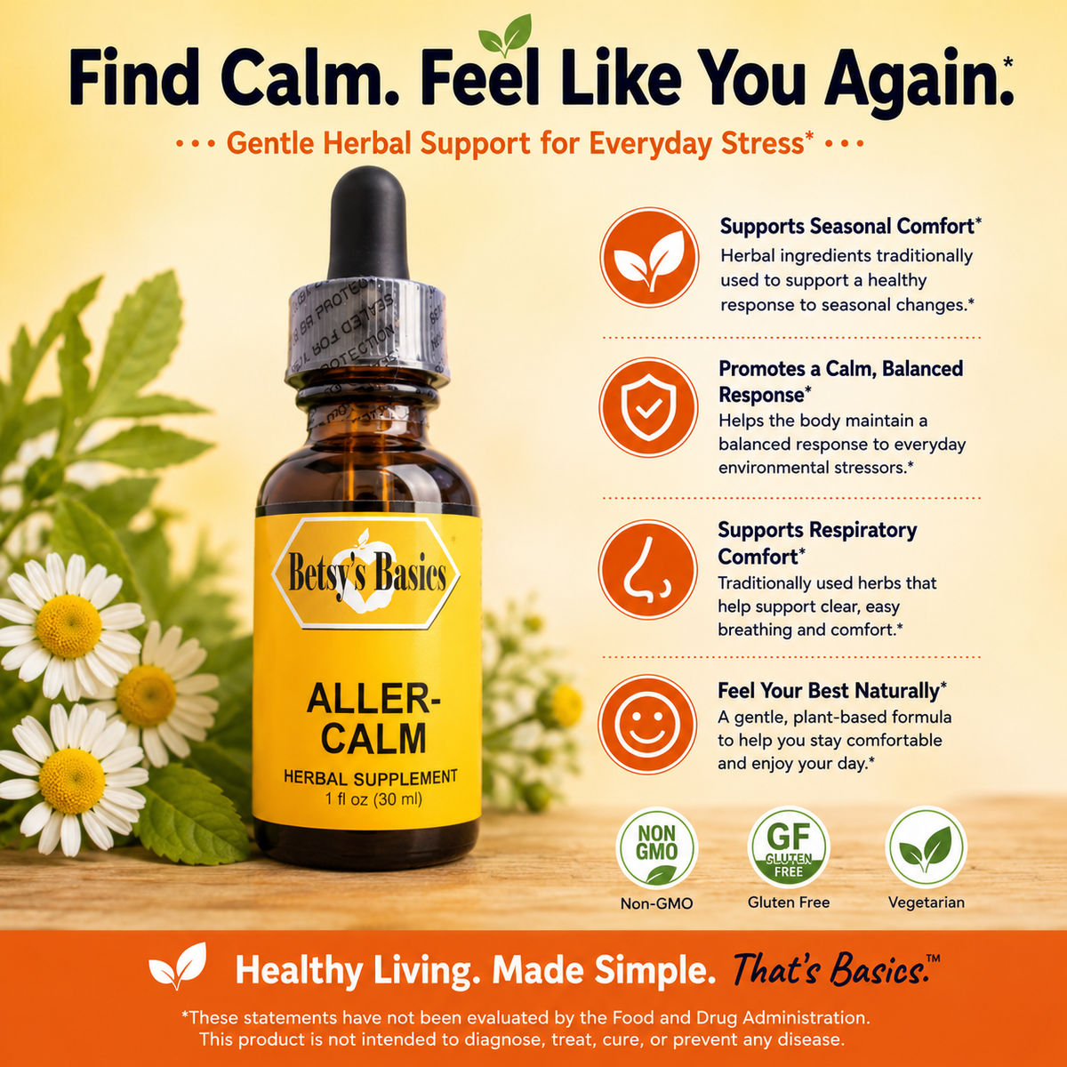 Supplement bottle of liquid herbal formula called Aller-calm with key selling points on a yellow background with daisies