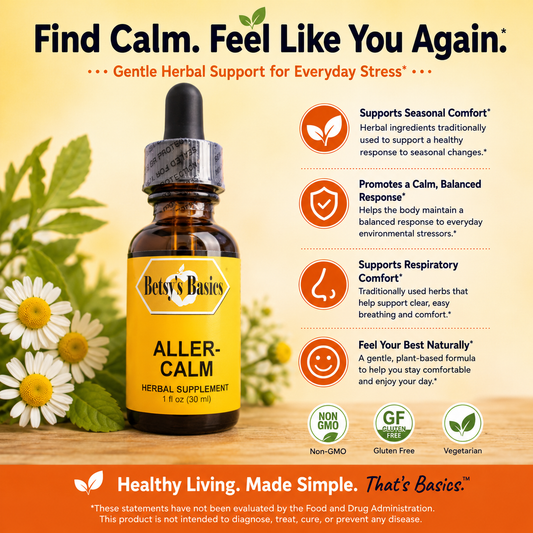 Supplement bottle of liquid herbal formula called Aller-calm with key selling points on a yellow background with daisies