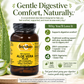 A bottle of Betsy's Basics Aloe Vera Plus herbal supplement centered on a light beige background with large green headline text and feature callouts. The bottle is amber-brown with a yellow label and black cap.