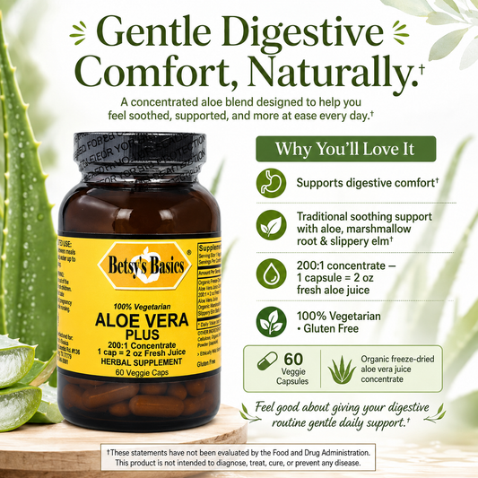 A bottle of Betsy's Basics Aloe Vera Plus herbal supplement centered on a light beige background with large green headline text and feature callouts. The bottle is amber-brown with a yellow label and black cap.
