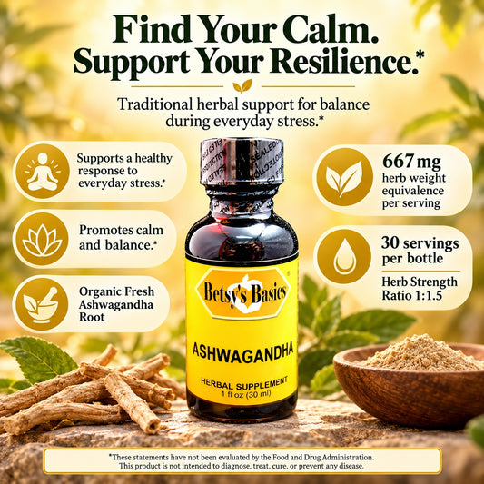 A dark glass bottle of Betsys Basics Ashwagandha  on a soft orange background with ashwagandha plant  and callouts like promotes calm and balance and 667 mg herb weight equivalence per serving