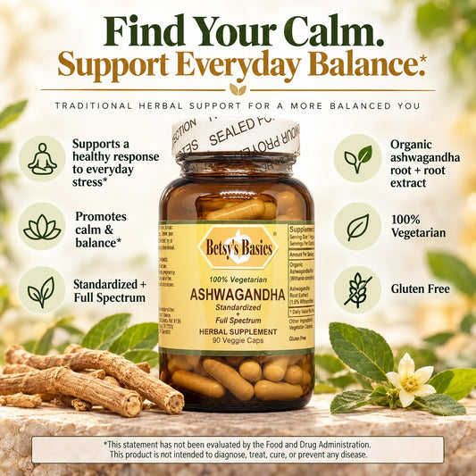 A jar of Bely's Basics Ashwagandha herbal supplement centered on a styled background with herbs, leaves, and text callouts about its benefits. The product is shown in an amber glass jar with a white and brown label and a sealed lid, surrounded by natural props and green leaf icons.