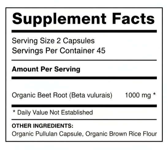 A black and white Supplement Facts label showing serving size 2 capsules, 45 servings per container, and active ingredient Organic Beet Root (Beta vulgaris) at 1000 mg.