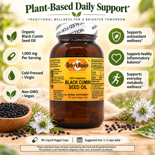 Amber glass supplement bottle of Betsy_s Basics Black Cumin Seed Oil on a yellow-green background with cumin seeds. Also lists key selling points