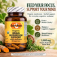 Brain Mushroom Support Supplement Bottle with mushrooms in the background and key points