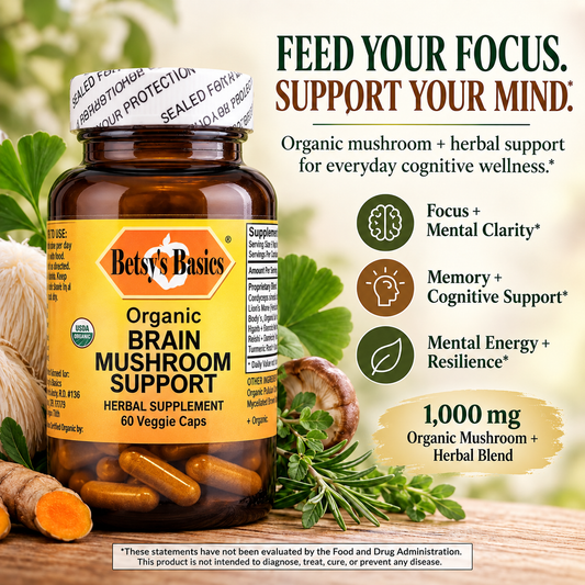 Brain Mushroom Support Supplement Bottle with mushrooms in the background and key points