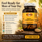 A bottle of Betty's Basics Organic Cordyceps dietary supplement displayed on a rustic wooden surface with mushrooms and grains. The image includes a large promotional text banner on the left and a product facts panel on the left side of the bottle.