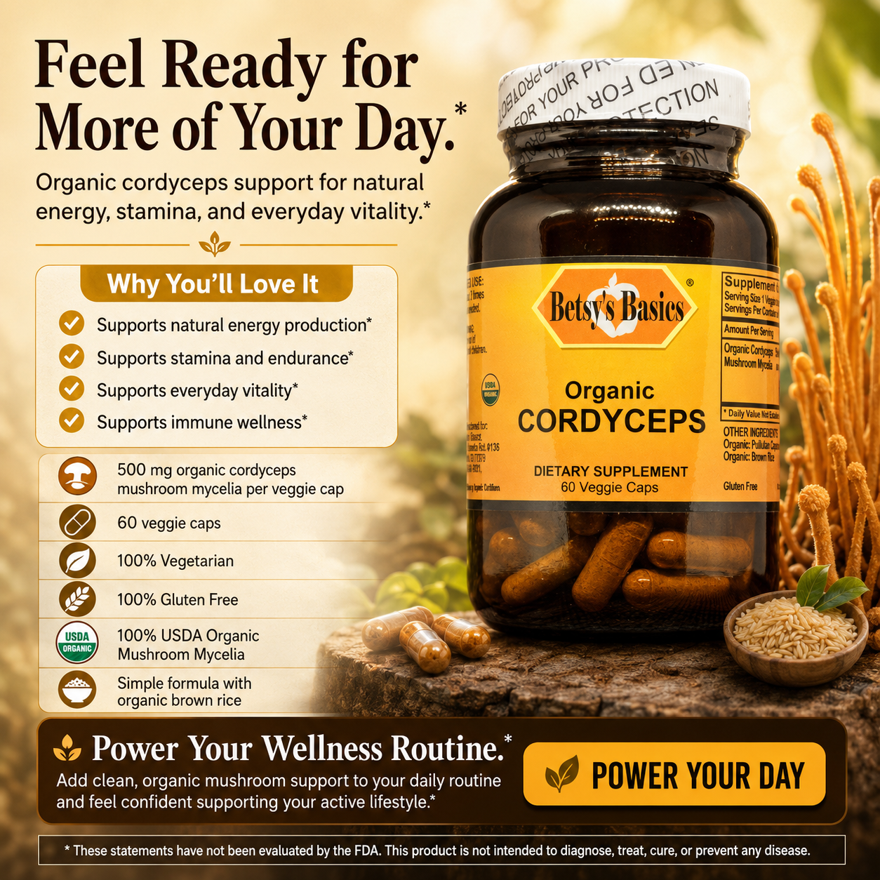 A bottle of Betty's Basics Organic Cordyceps dietary supplement displayed on a rustic wooden surface with mushrooms and grains. The image includes a large promotional text banner on the left and a product facts panel on the left side of the bottle.