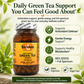 A bottle of Betsy's Basics Green Tea herbal supplement shown on a styled background with leaves and text callouts about antioxidant support, gentle energy, healthy metabolism, and ECGG/full spectrum benefits.
