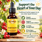 Betsy's Basics Hawthorn herbal supplement in an amber glass dropper bottle with a yellow label, set against a rustic background of red berries and white flowers, with promotional text on the right.