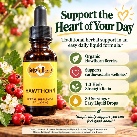 Betsy's Basics Hawthorn herbal supplement in an amber glass dropper bottle with a yellow label, set against a rustic background of red berries and white flowers, with promotional text on the right.