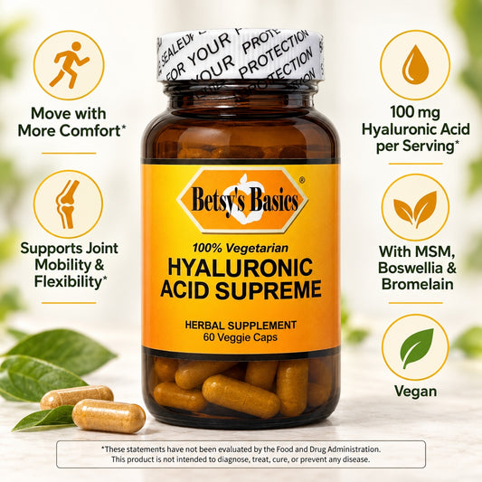Betsy_s Basics Hyaluronic Acid Supreme amber supplement bottle on a light background with key selling points like with 100 mg hyaluronic acid per serving