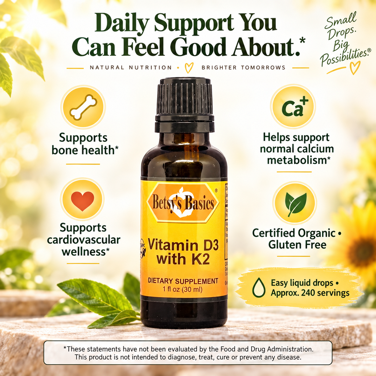 Glass supplement bottle of Betsy's Basics Vitamin D3 with K2 on a pale background with key selling points on either side of the supplement bottle.
