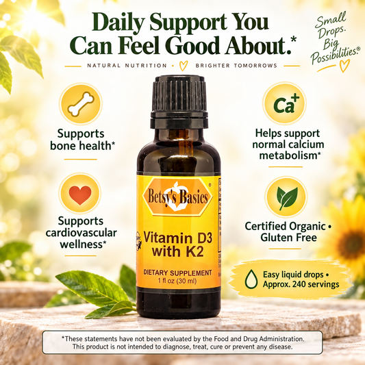Glass supplement bottle of Betsy's Basics Vitamin D3 with K2 on a pale background with key selling points on either side of the supplement bottle.