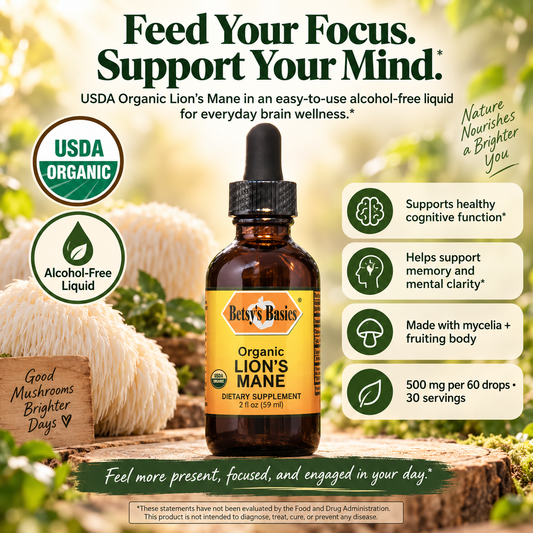 supplement bottle on a background of yellow sunshine, green leaves, and lion's mane musroom with key selling points