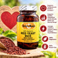 Betsys Basics Red Yeast Rice with CoQ10 on a pale green-yellow background with a heart and red rice along with callouts like supports cardiovascular health and function