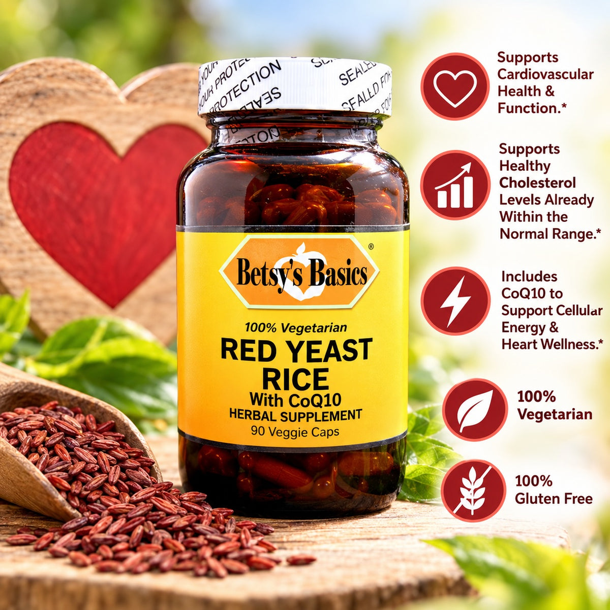 Betsys Basics Red Yeast Rice with CoQ10 on a pale green-yellow background with a heart and red rice along with callouts like supports cardiovascular health and function