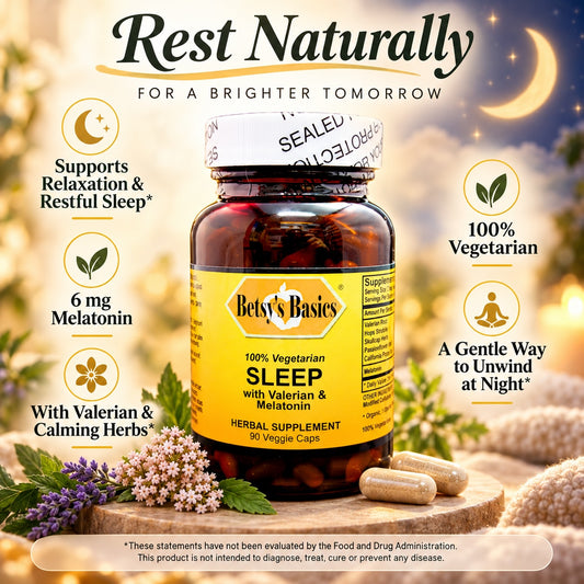 A bottle of Betsy's Basics Sleep herbal supplement centered on a warm, softly lit background with moon and stars. The label reads 'Rest Naturally' and 'For a Brighter Tomorrow,' and the bottle says '100% Vegetarian Sleep with Valerian & Melatonin.