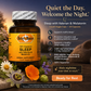 Betsy's Basics Sleep with Valerian & Melatonin liquid veggie caps bottle shown in a promotional ad layout. The amber bottle with a yellow label is surrounded by flowers on a wooden surface, with text on the right describing benefits and a large orange 'Ready for Rest' button.