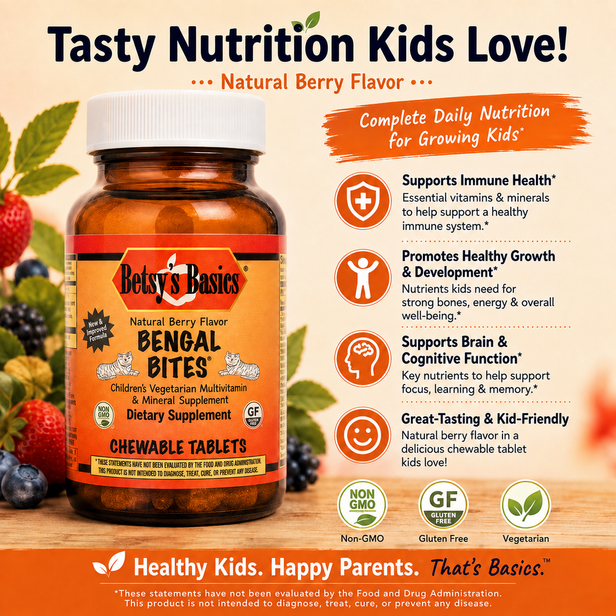 bottle of Bengal Bites chewable tablets with key selling points