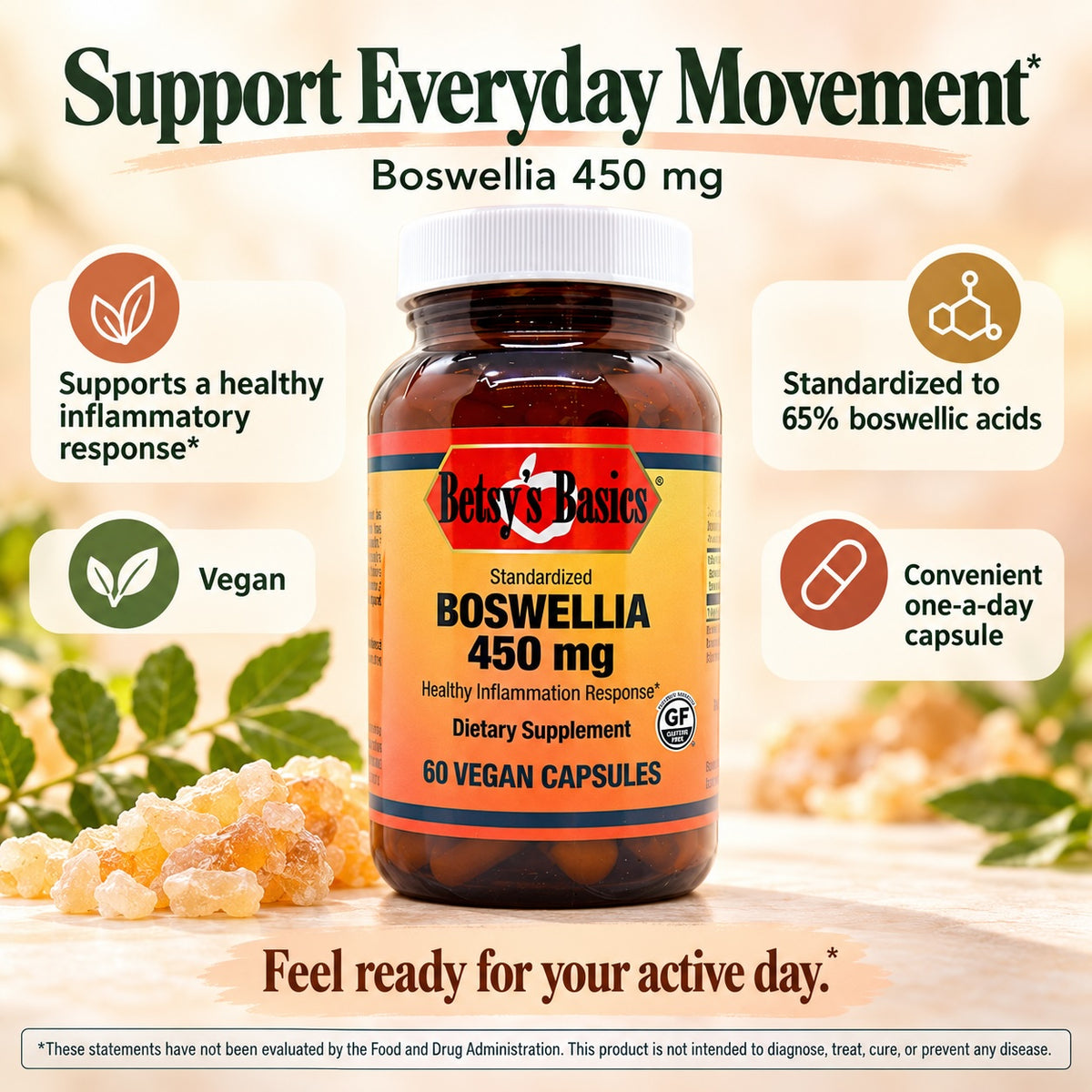 Bottle of Betsy's Basics Boswellia 450 mg on a pale background with callouts like supports a healthy inflammatory response and standardized to 65% boswellic acids