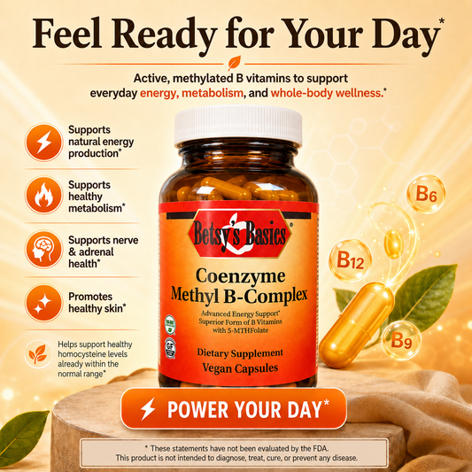 a bottle of Betsys Basics Coenzyme Methyl B-Complex with selling points on a yellow background