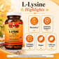 Betsy's Basics L-Lysine 1,000 mg dietary supplement bottle shown on a warm beige promotional graphic with text callouts for recovery, immune support, collagen support, vegan status, and 1,000 mg per tablet.