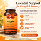 Betsy's Basics L-Lysine dietary supplement bottle on a warm beige and orange promotional background with text highlighting muscle recovery, immune support, collagen support, and vegan formulation.