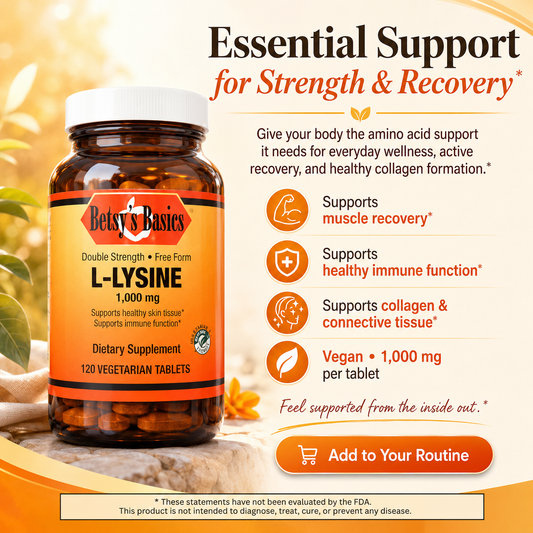 Betsy's Basics L-Lysine dietary supplement bottle on a warm beige and orange promotional background with text highlighting muscle recovery, immune support, collagen support, and vegan formulation.