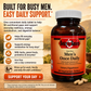 A bottle of Betsy's Basics Men's Once Daily dietary supplement tablets shown on a warm beige background with promotional text and icons. The bottle is amber brown with a white cap and an orange label.