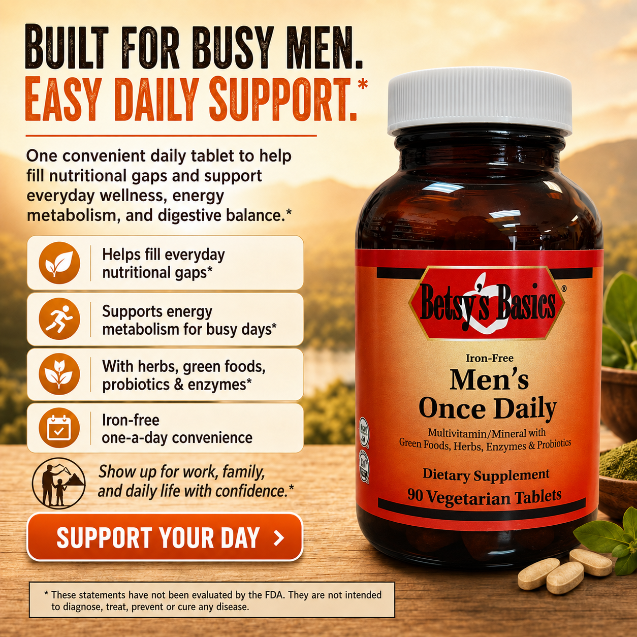 A bottle of Betsy's Basics Men's Once Daily dietary supplement tablets shown on a warm beige background with promotional text and icons. The bottle is amber brown with a white cap and an orange label.