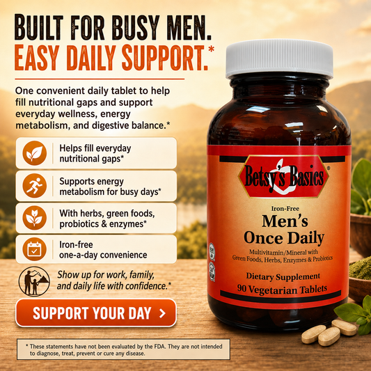 A bottle of Betsy's Basics Men's Once Daily dietary supplement tablets shown on a warm beige background with promotional text and icons. The bottle is amber brown with a white cap and an orange label.