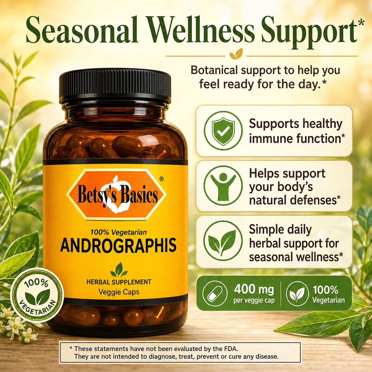 Betsy's Basics Andrographis Seasonal Wellness Support herbal supplement bottle with a black cap and yellow label, shown with green leaves and text callouts on a warm beige background.